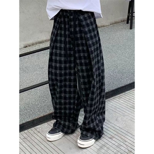 网图 美式复古黑白格子慵懒风阔腿弯刀a字垂感休闲裤310A-K17-P40图片