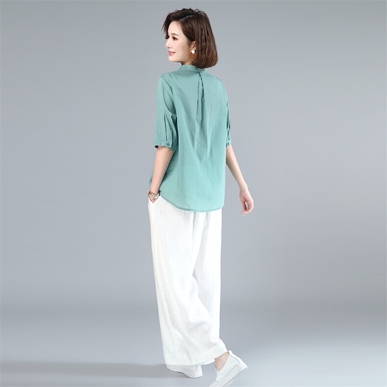 2022夏装新款棉麻刺绣短袖上衣休闲阔腿裤两件套套装，女装大码女装，木子恋