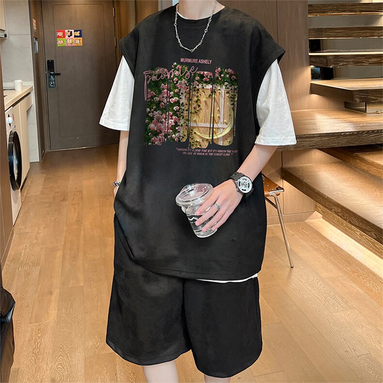 直播美式麂皮绒宽松背心无袖t恤短裤大码两件套套装TZ37-P58,男装T恤,电商A486