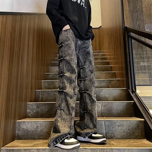褶皱牛仔裤男美式复古vibe高街裤设计感宽松直筒微喇裤RK1116-P51图片