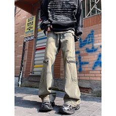 拉链工装牛仔裤男秋冬黄泥色hiphop高街潮拉链直筒阔腿裤子NH63，男装牛仔裤，星座1116A（原606A-3）