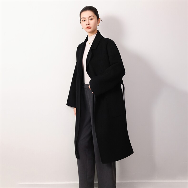 时尚百搭黑色羊毛双面呢大衣显瘦修身长款外套优雅气质女装,女装双面呢大衣,岳达羊绒