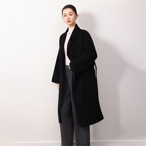 时尚百搭黑色羊毛双面呢大衣 显瘦修身长款外套 优雅气质女装图片