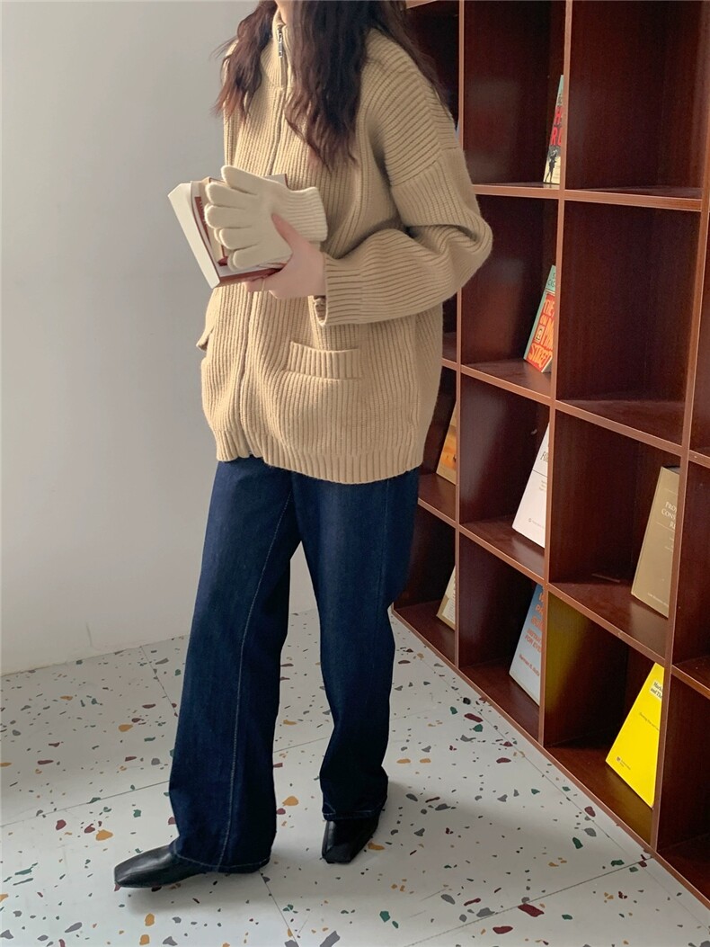 拉链纯色长袖针织开衫女宽松百搭休闲外套上衣,女装羊毛衫,恩泰羊绒