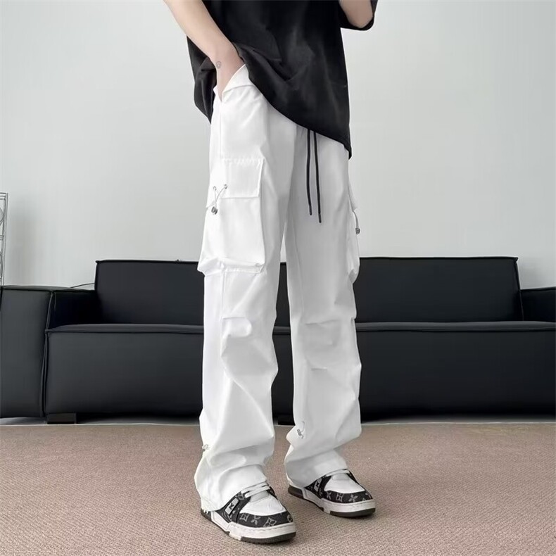 宽松直筒黑色松紧腰休闲工装裤男女防水户外多口袋褶皱伞兵冲锋裤,男装工装外套,星座1013