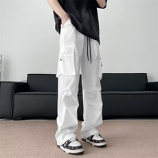 宽松直筒黑色松紧腰休闲工装裤男女防水户外多口袋褶皱伞兵冲锋裤，男装工装外套，星座1013