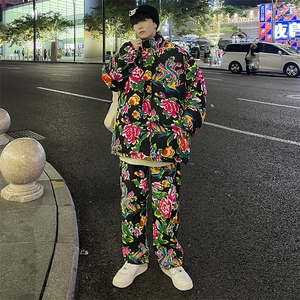 H203情侣东北大花风民族风特色牡丹大花棉袄加绒裤套装男女图片