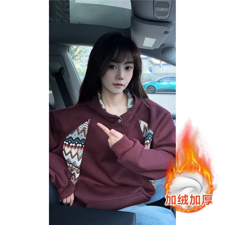 重磅民族风拼接撞色卫衣大码秋冬复古连帽衫外套LW608特P55加绒65图片