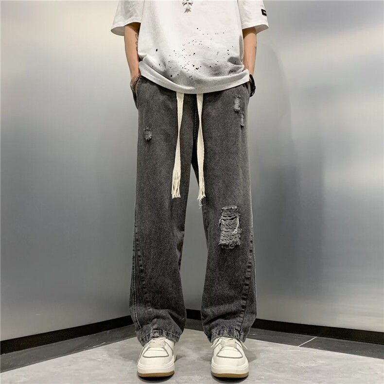 美式高街破洞牛仔裤男女ins潮牌hiphop宽松直筒长裤N01709-P48,男装牛仔裤,星座308B-1