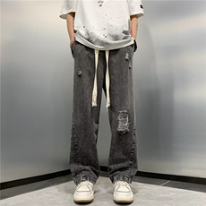 美式高街破洞牛仔裤男女ins潮牌hiphop宽松直筒长裤N01709-P48，男装牛仔裤，星座308B-1