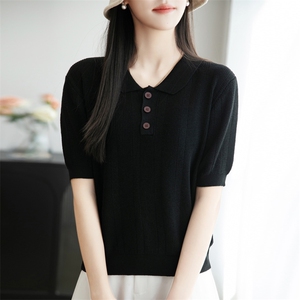 复古polo领短袖T恤女2025夏别致冰丝针织半开领打底上衣t恤衫薄图片