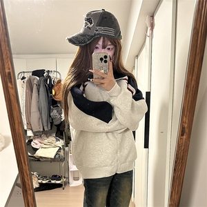 抖音得物高品质26春装美式高街重磅织带拼接撞色立领卫衣外套CM41图片
