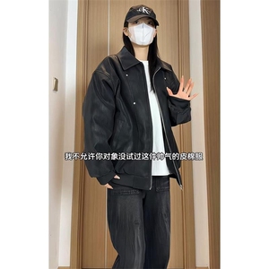 秋冬新款加棉翻领皮棉服男女机车防风加厚保暖棉袄潮流宽松皮外套图片