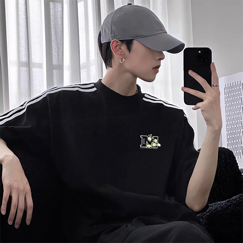 抖音得物高品质二开240克宽松纯棉美式潮牌三条杠织带短袖T恤，男装T恤，电商A486-1