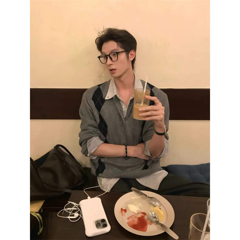 美式覆古亨利Polo领毛衣男款秋季菱格提花针织衫高级松弛感打底衫，男装T恤，星座506A