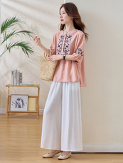 现货套装女贵夫人新款2025夏季刺绣高级感复古天丝棉麻短袖两件套，女装套装/套裙，魅影