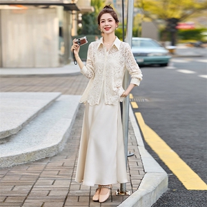 高级感蕾丝镂空衬衫吊带连衣裙两件套女春新款遮肉显瘦时尚套装裙图片