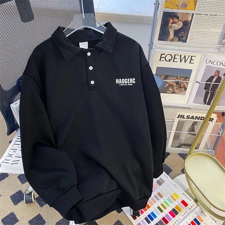 加绒POLO衫男韩版潮流字母印花高街帅气2023冬季ins卫衣WB223-P40,男装Polo衫,星座412-2