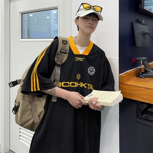 潮美式复古球衣V领短袖T恤男女休闲宽松印花字母上衣T0123-P32图片