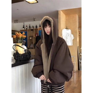 网图自制 美式连帽座山雕皮衣外套男女加绒兔毛棉衣夹克A1107-P90图片