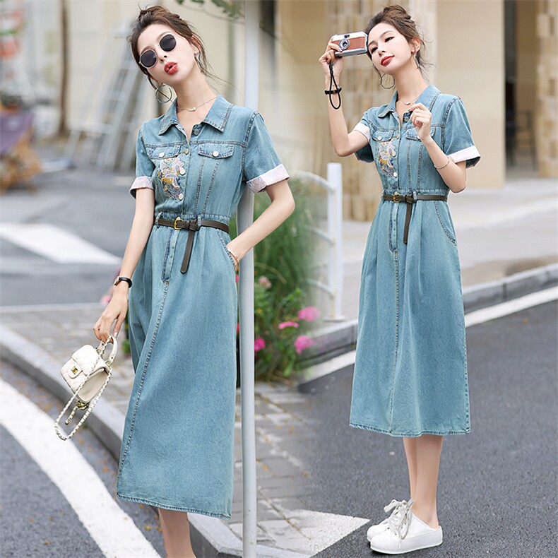 夏季新款韩版小个子胖mm大码中长款短袖宽松牛仔连衣裙子女士薄款，女装连衣裙，E百度