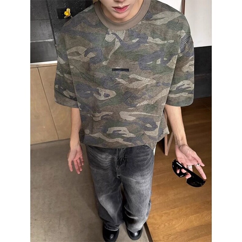 迷彩短袖t恤男夏季美式复古水洗做旧五分袖TY66，男装T恤，星座1116A（原606A-3）
