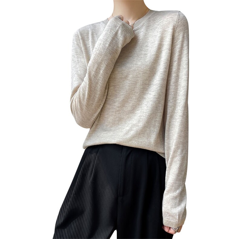 简约紫色精纺纯羊毛衫女长袖宽松打底针织衫毛衣上衣t恤内搭羊绒，女装羊毛衫，越洋羊