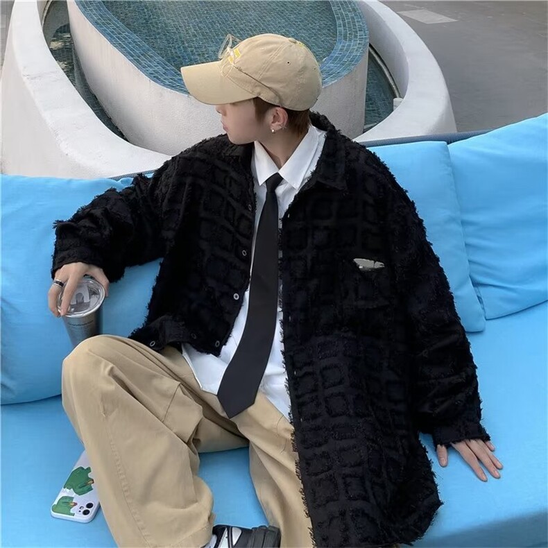 格子长袖衬衫男春秋款高级感潮牌痞帅衬衣外套美式上衣W1373/P50,男装衬衫,星座506
