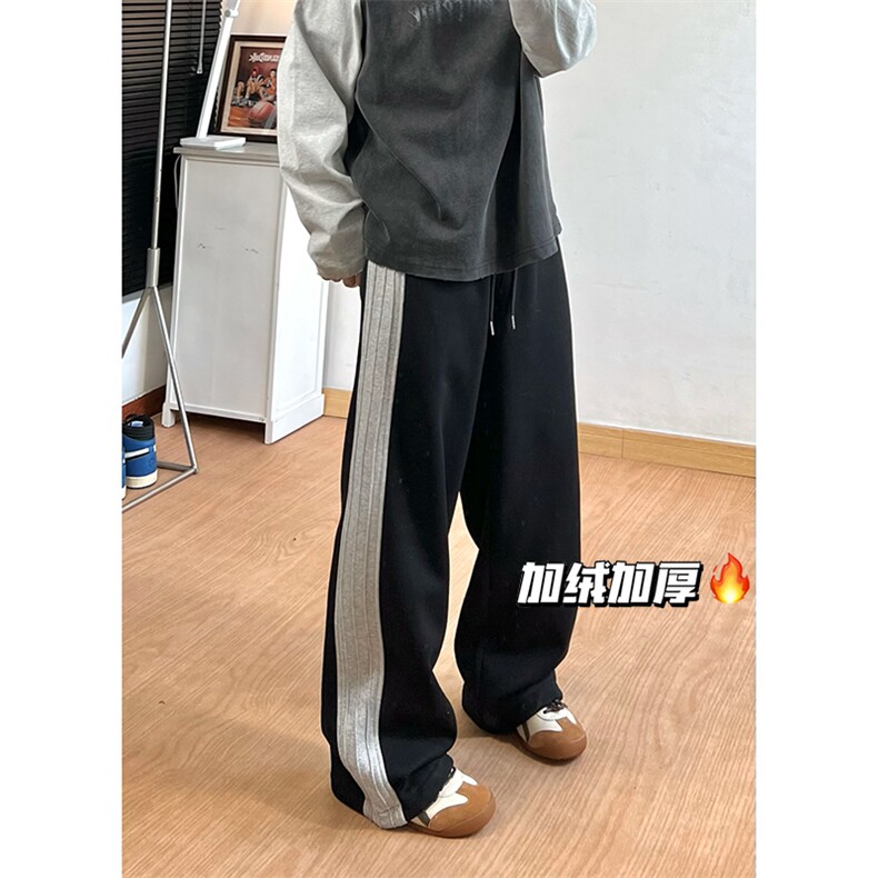 加绒65%棉设计感拼接卫裤男长裤直筒百搭阔腿裤潮特P45控78,男装休闲裤,电商D205