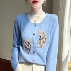休闲/淑女2024年秋季羊毛长袖纯毛绣贴开衫保暖舒适，女装羊毛衫，梵泰羊绒