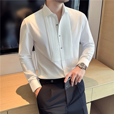 莫代尔棉高品质长袖衬衫风琴褶皱礼服衬衫男白色C9917-P77，男装衬衫，电商A213