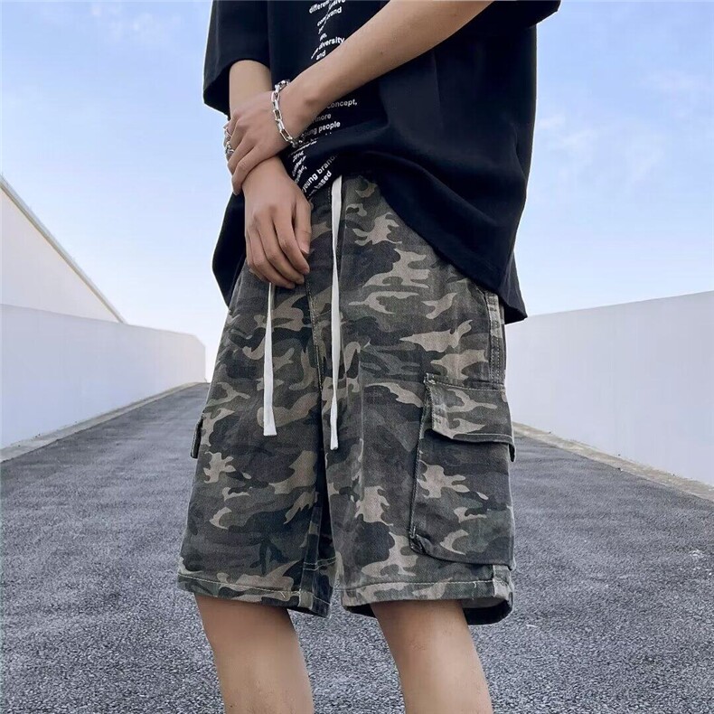 解构迷彩工装短裤男夏季斜切设计感伐木户外宽松休闲直筒五分裤子,男装牛仔裤,星座410-7
