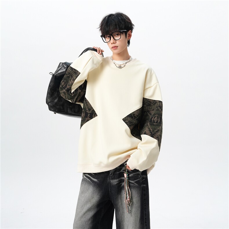 8XL-M 春秋季圆领拼接撞色民族风卫衣男新款潮牌上衣服WY005P58图片