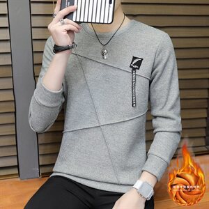 冬季加厚保暖长袖卫衣男外贸打底衫羽毛带圆领套头灰735加绒图片