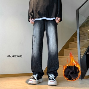 美式高街hiphop水洗工装加绒加厚牛仔裤货号加绒K691P70常规P60图片