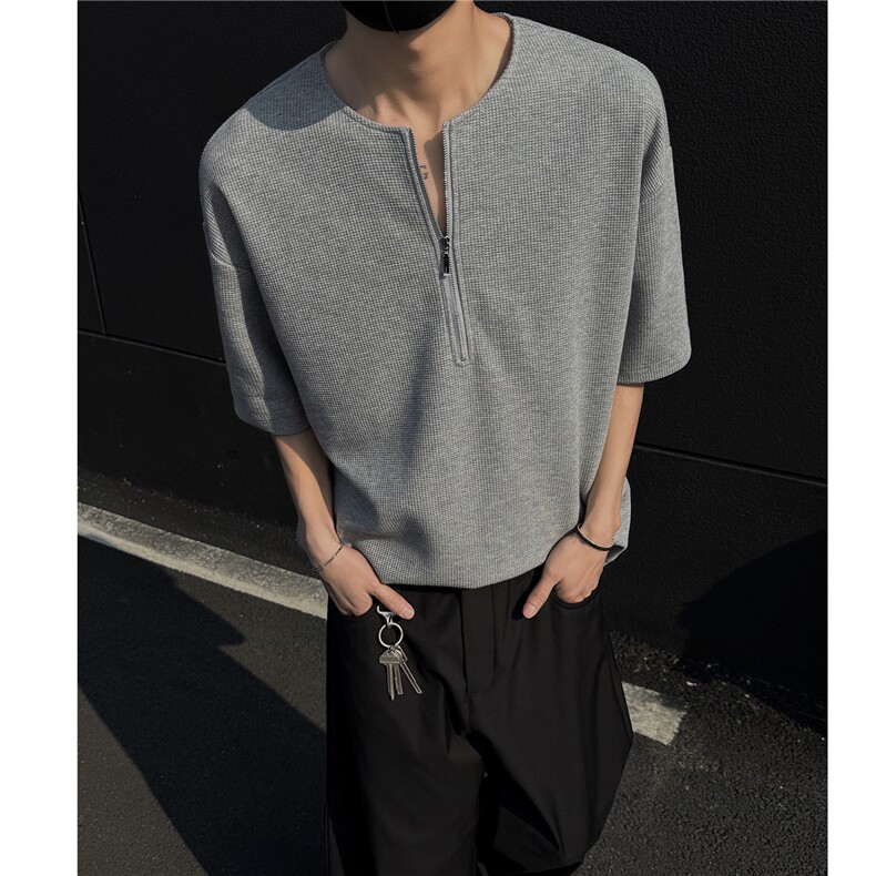 主推美式半拉链华夫格纯色短袖T恤宽松打底衫男女H1063特P20，男装T恤，电商A341