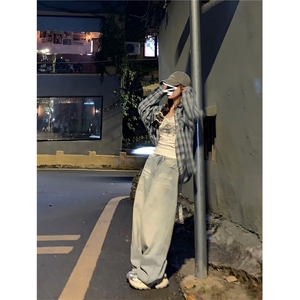 TC679-p45 美式复古蓝色格子衬衫女装秋季新款外搭衬衣防晒外套图片