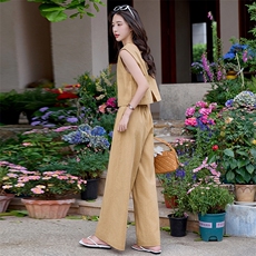 2025夏季新中式气质纯色棉麻套装女黄色无袖马甲上衣阔腿裤两件套，女装套装/套裙，梦懿尔