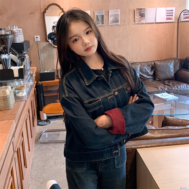 现货可推2024新款秋装港风复古简约宽松休闲气质水洗牛仔外套女，女装牛仔外套，网红馆