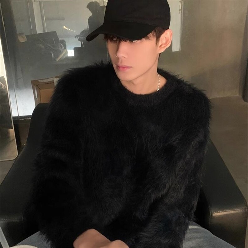 MY08-P55高级氛围感仿水貂毛毛衣男冬季加厚软糯慵懒风宽松,男装针织衫/毛衣,电商B323A