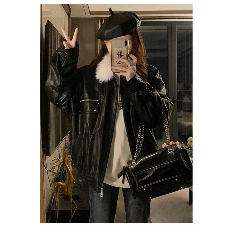 CC686-P125毛领美式复古廓形翻领机车夹克夹棉皮衣冬季新款棉衣，女装皮衣，星座1611A