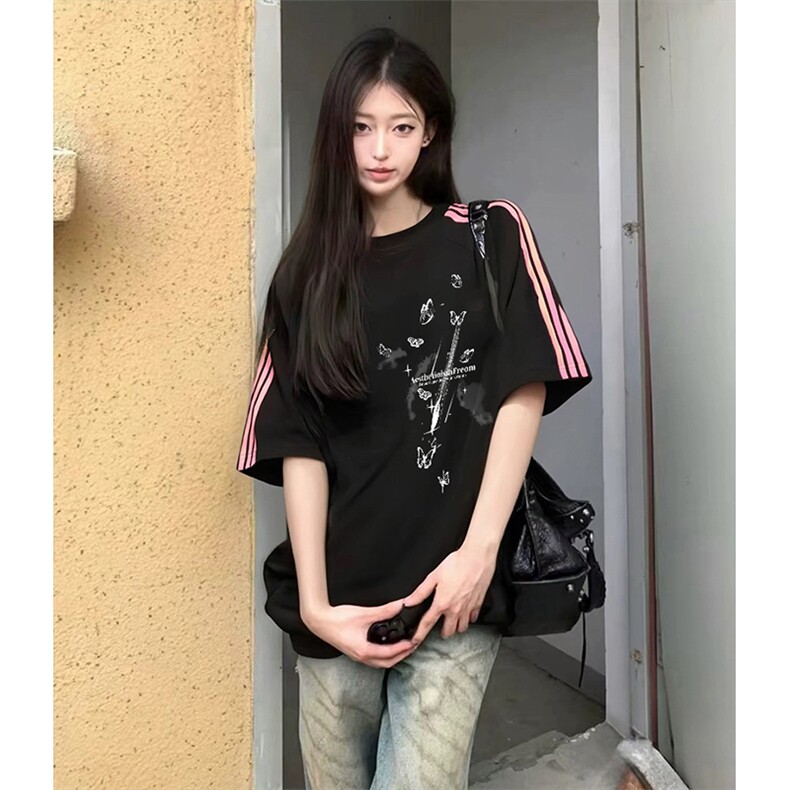抖音得物品质二开240克宽松纯棉美式潮牌印花三条杠中性风短袖T恤,男装T恤,电商A486