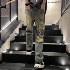 夏季破洞牛仔裤男款港风休闲长裤百搭宽松潮牌黄泥色直筒乞丐裤子，男装牛仔裤，星座601-2