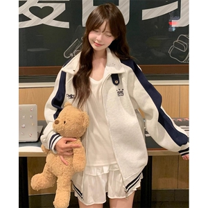撞色拼接棒球服外套女秋季新款学院风宽松慵懒风开衫卫衣 WX806图片