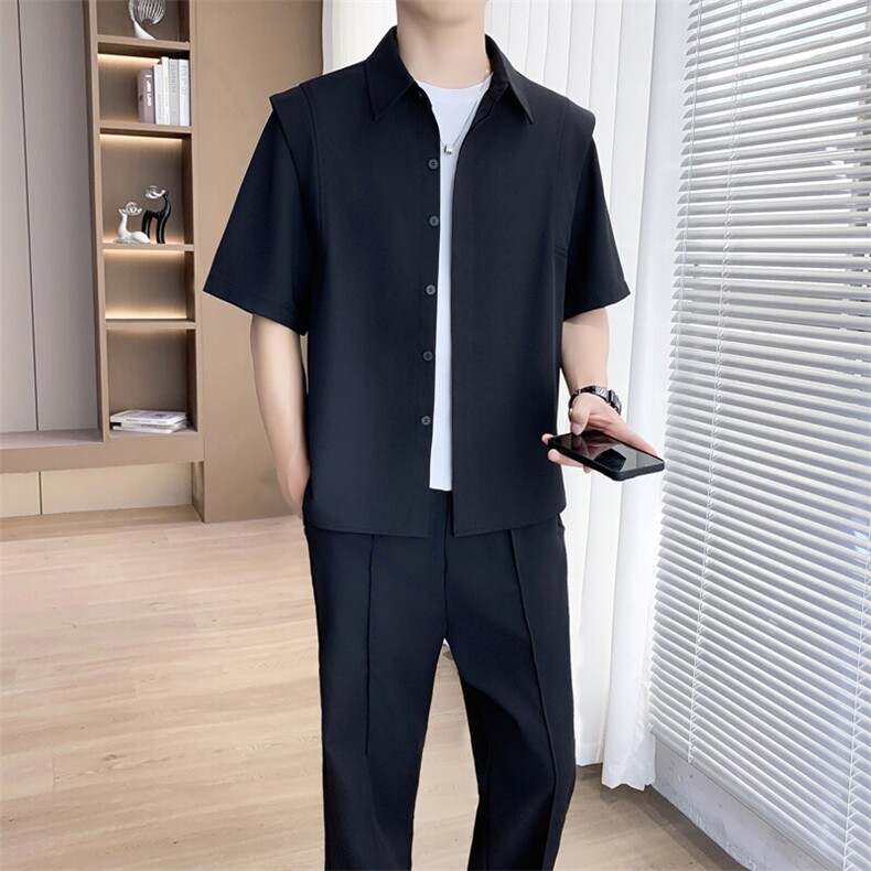 2025夏季新款套装高级感冰丝短袖衬衫休闲透气上衣长裤两件套，男装休闲套装，星座1206（原A206）