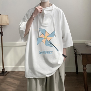 连帽短袖t恤男大码胖子带帽五分袖中袖LD54112-P45