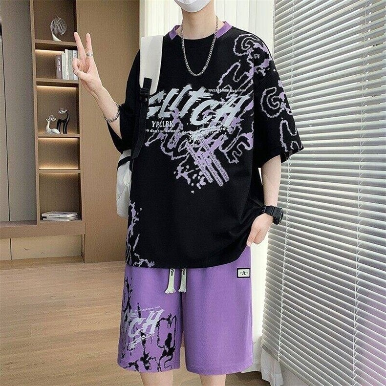 TZ25338-P55夏季休闲T恤短裤男两件套青少年学生运动短袖套装,男装牛仔裤,电商D310B