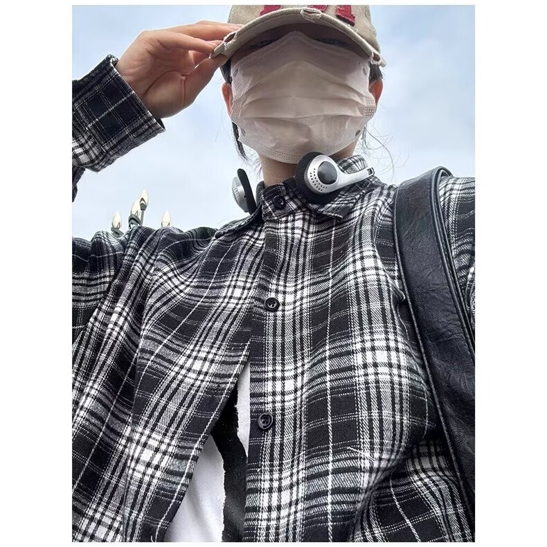 黑白格子长袖衬衫男秋季情侣外套日系新款文艺简约百搭流行-CS577,男装衬衫,星座601-1