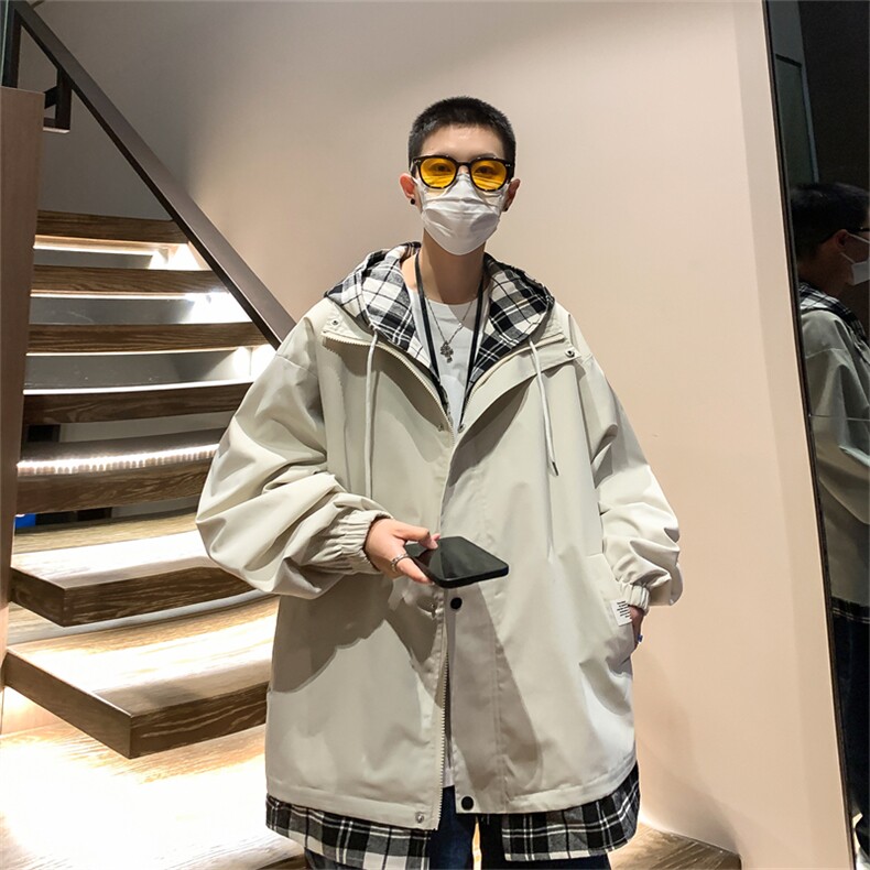 JK6006/P75秋装假两件格子撞色连帽夹克男潮宽松大码上衣外套男装图片