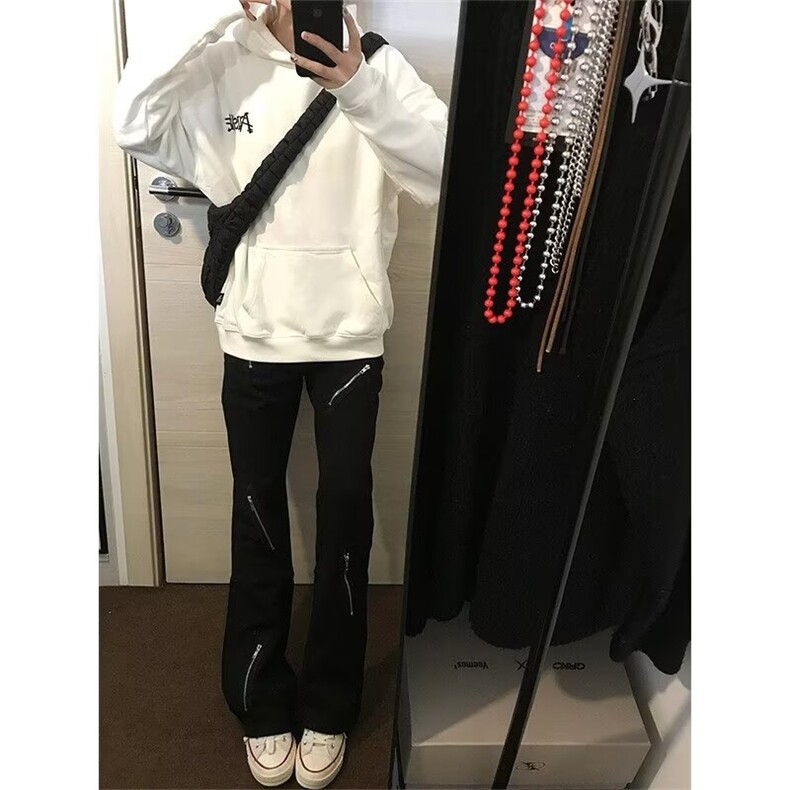 美式高街Vibe风拉链牛仔裤ins潮牌喇叭裤加绒阔腿裤K6087-P48网图,男装牛仔裤,电商B245
